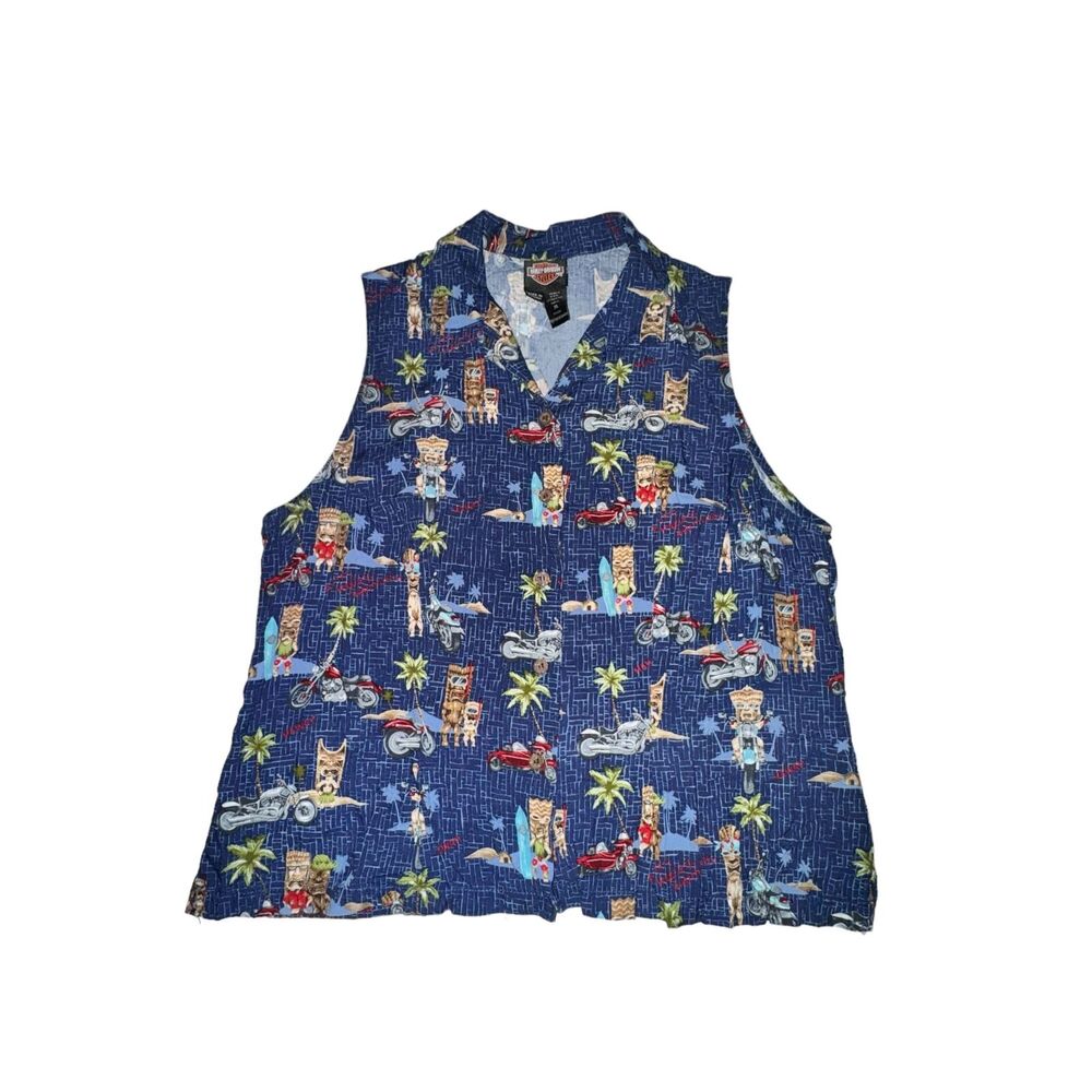 Vtg Harley Davidson Sleeveless Shirt Women XL Blue Collared Pocket Tiki USA Made